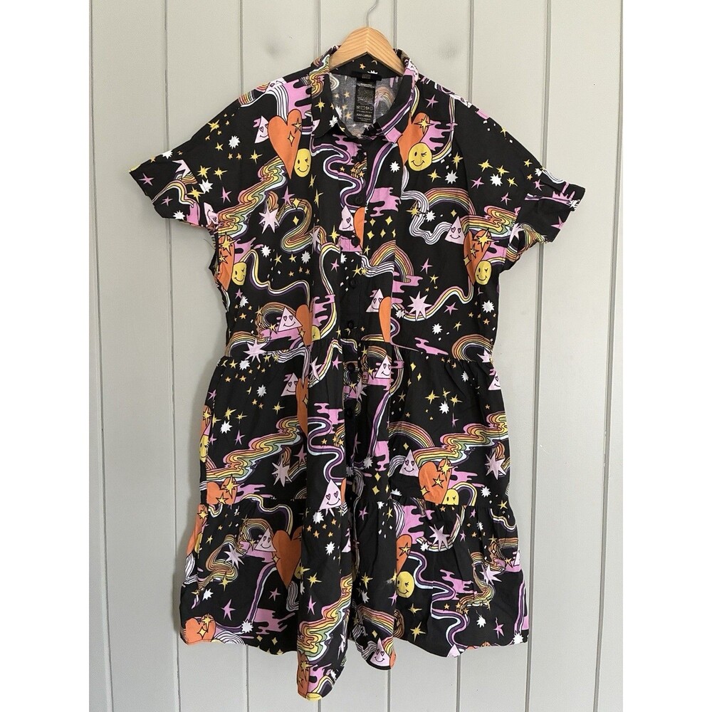 Nooworks Shirt Dress XXXL Short Sleeves Collar Better Days Rainbow Print Cotton